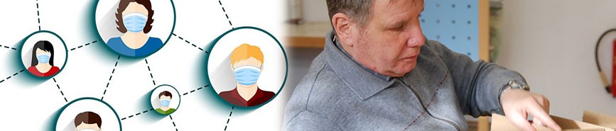 A combination image of a web of circular avatars showing people wearing face masks, and an older male adult assembling a box while seated at a table.